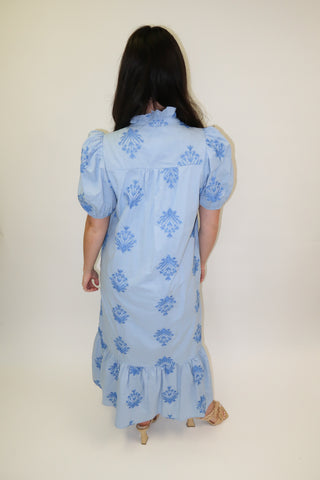 Soft Stitch Embroidered Puff Sleeve Midi Dress - The Pink Tulip Clothing