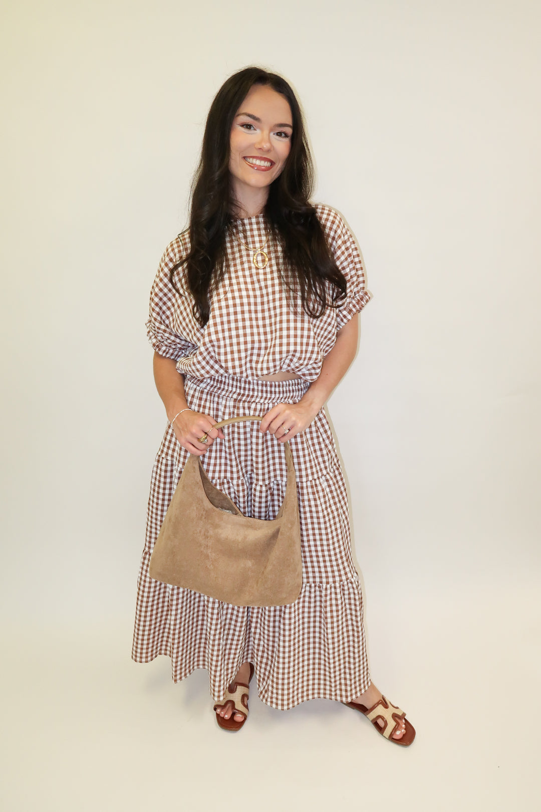 Checked Out Brown Tiered Check Top