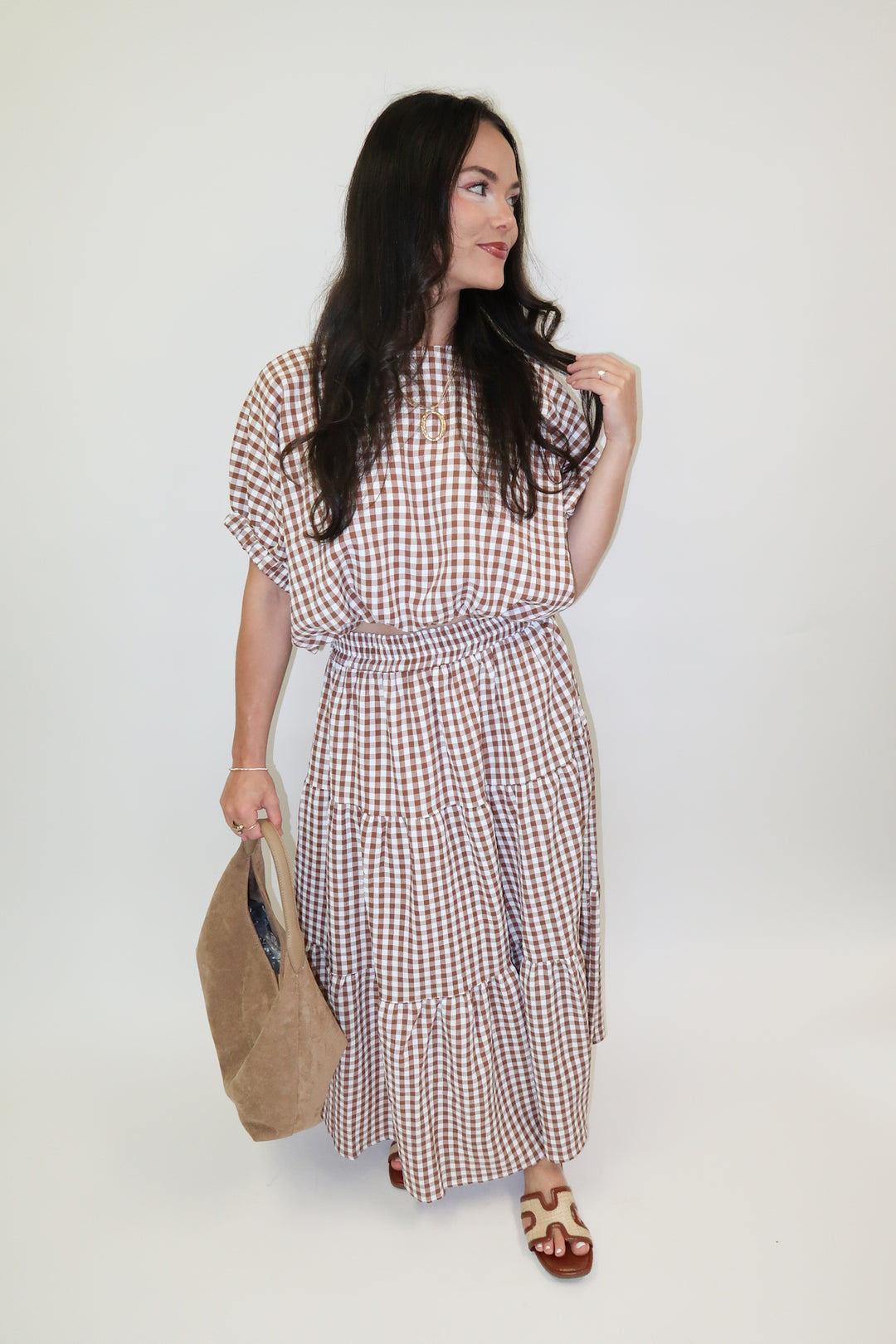 Checked Out Brown Tiered Check Midi Skirt