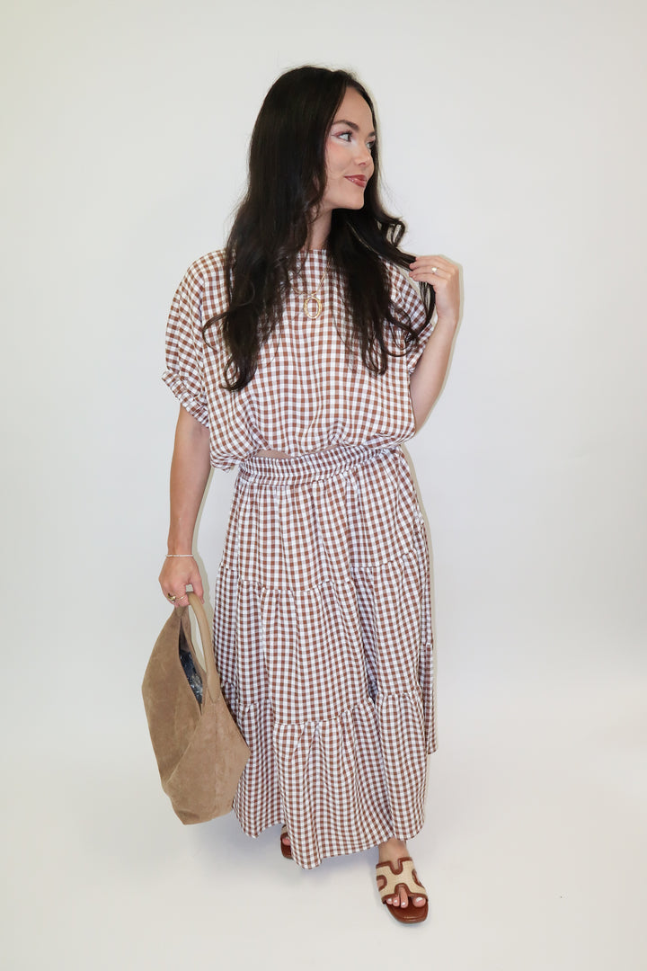 Checked Out Brown Tiered Check Midi Skirt