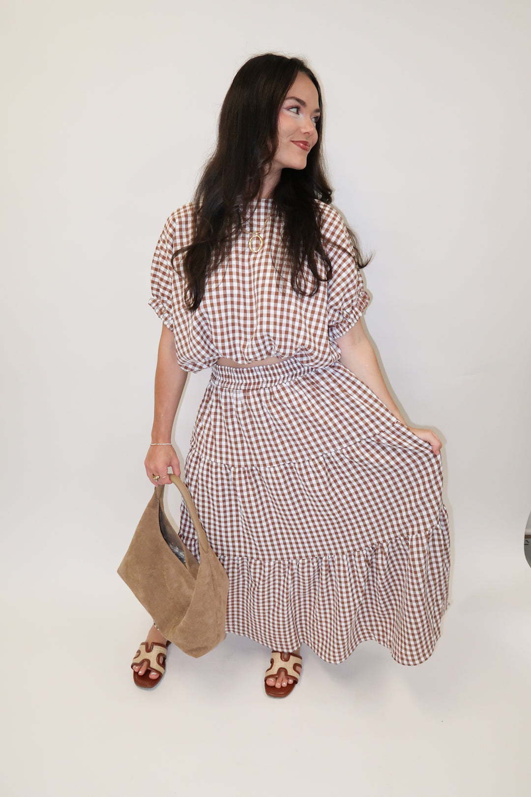 Checked Out Brown Tiered Check Top