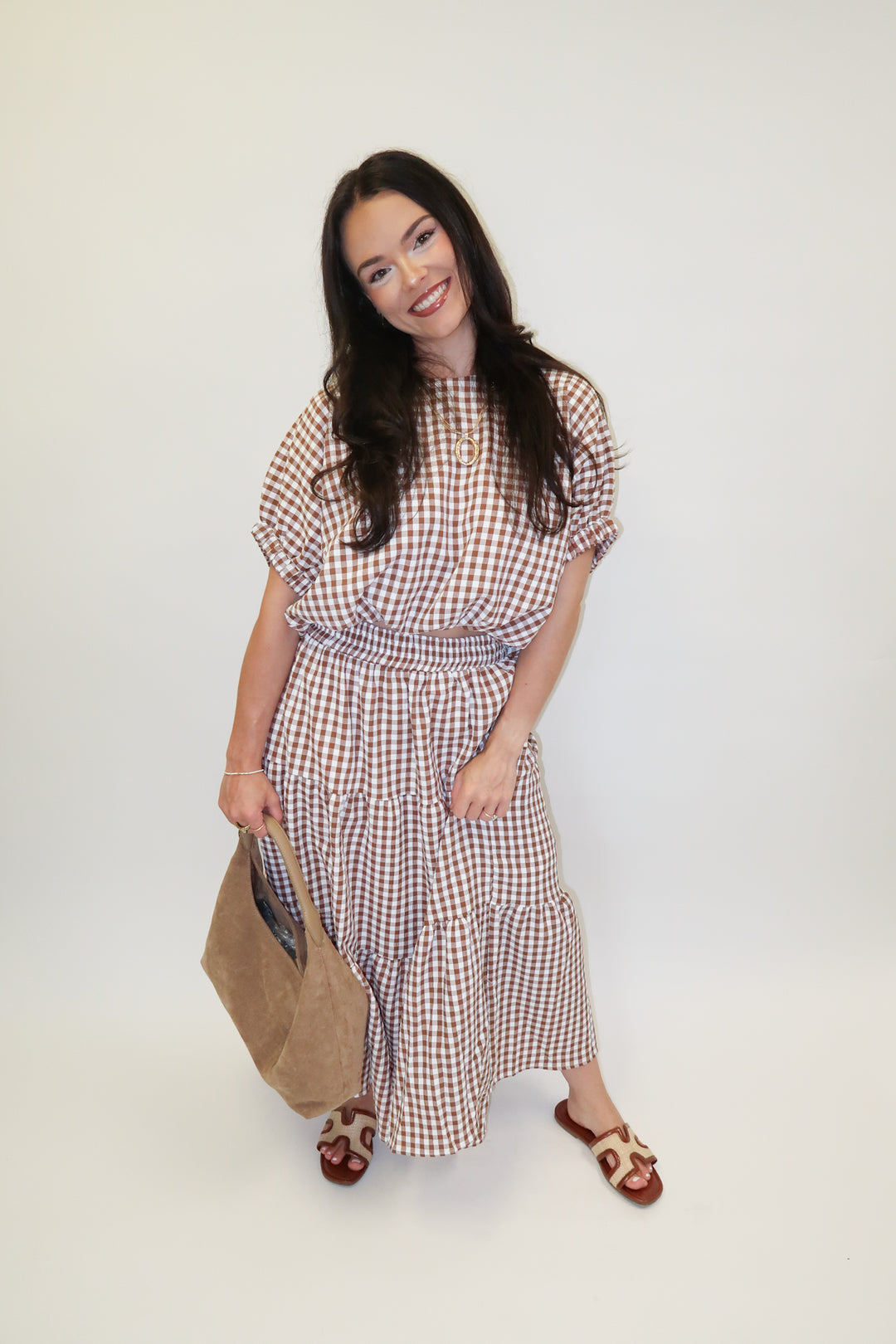 Checked Out Brown Tiered Check Top