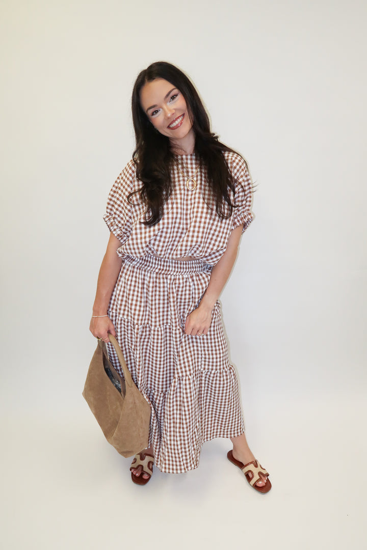 Checked Out Brown Tiered Check Top