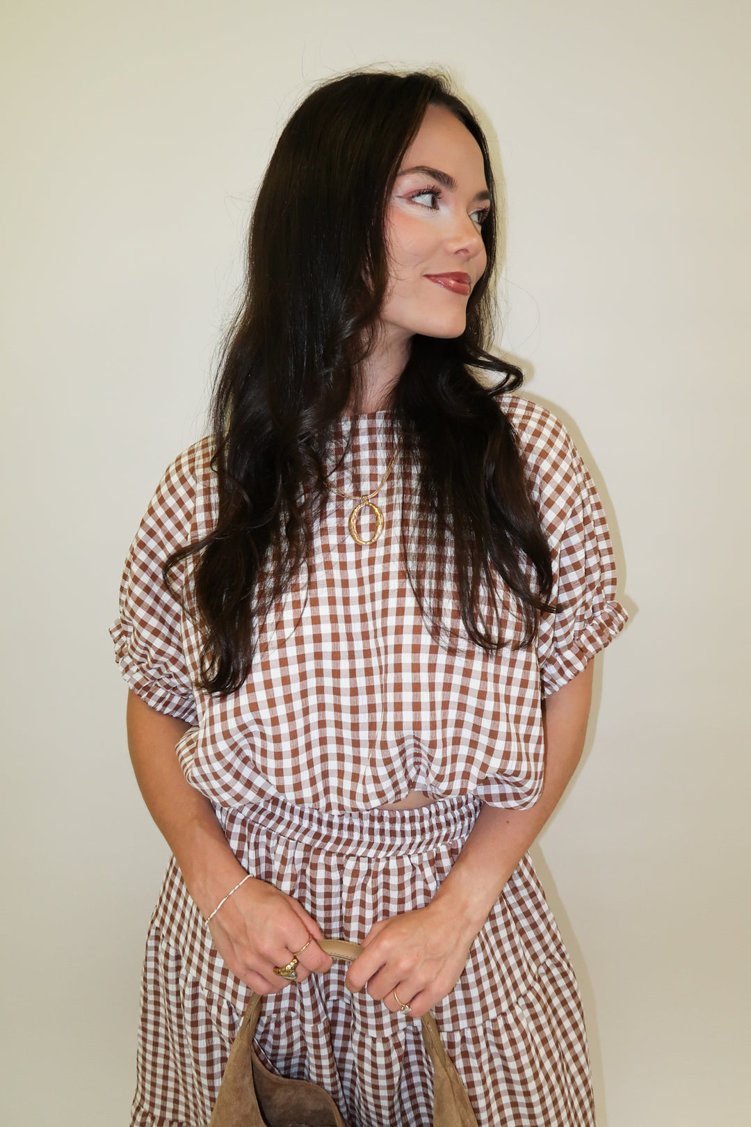 Checked Out Brown Tiered Check Top