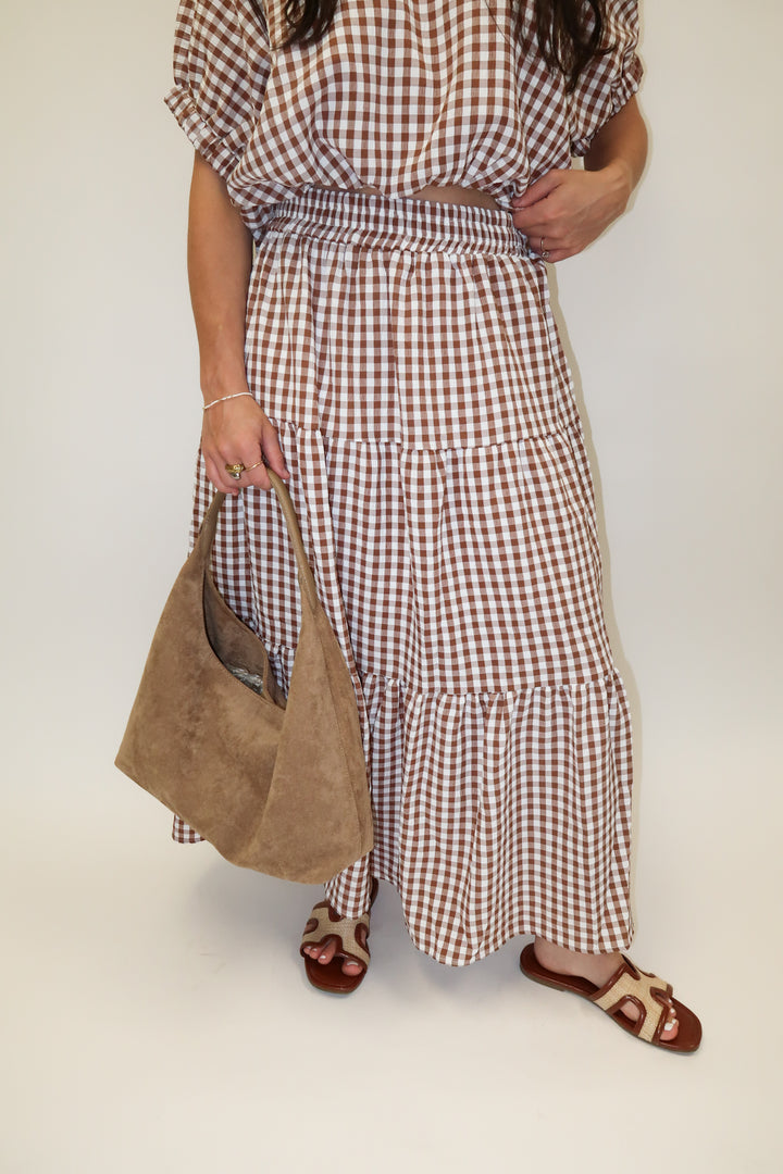 Checked Out Brown Tiered Check Midi Skirt