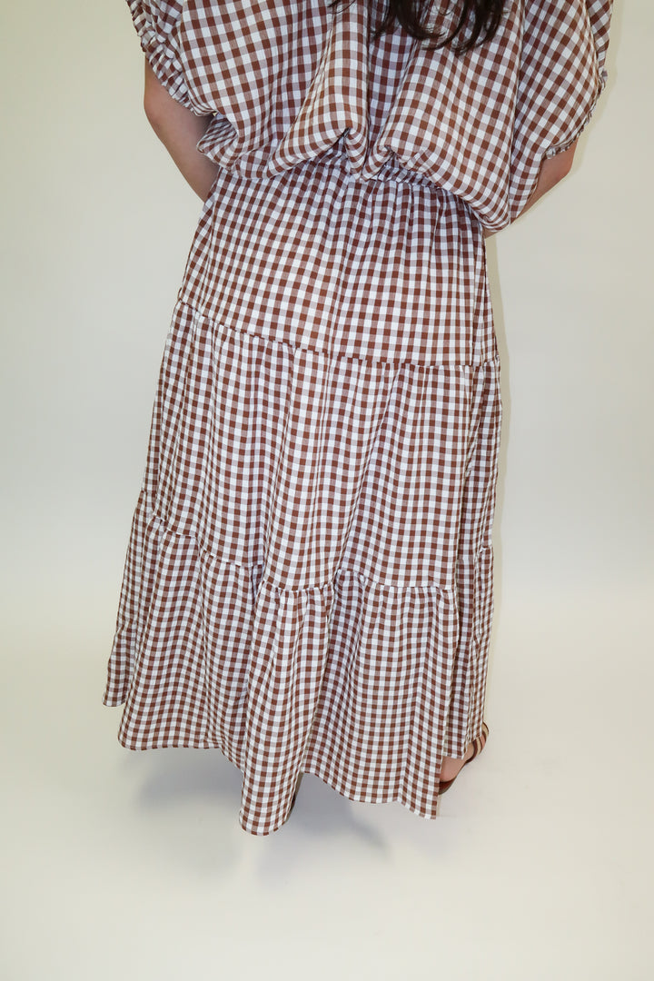 Checked Out Brown Tiered Check Midi Skirt