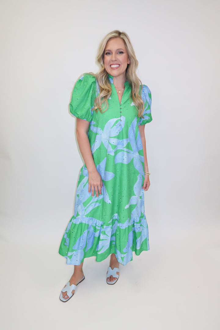 Green Light Floral Eyelet Ruffle Midi Dress