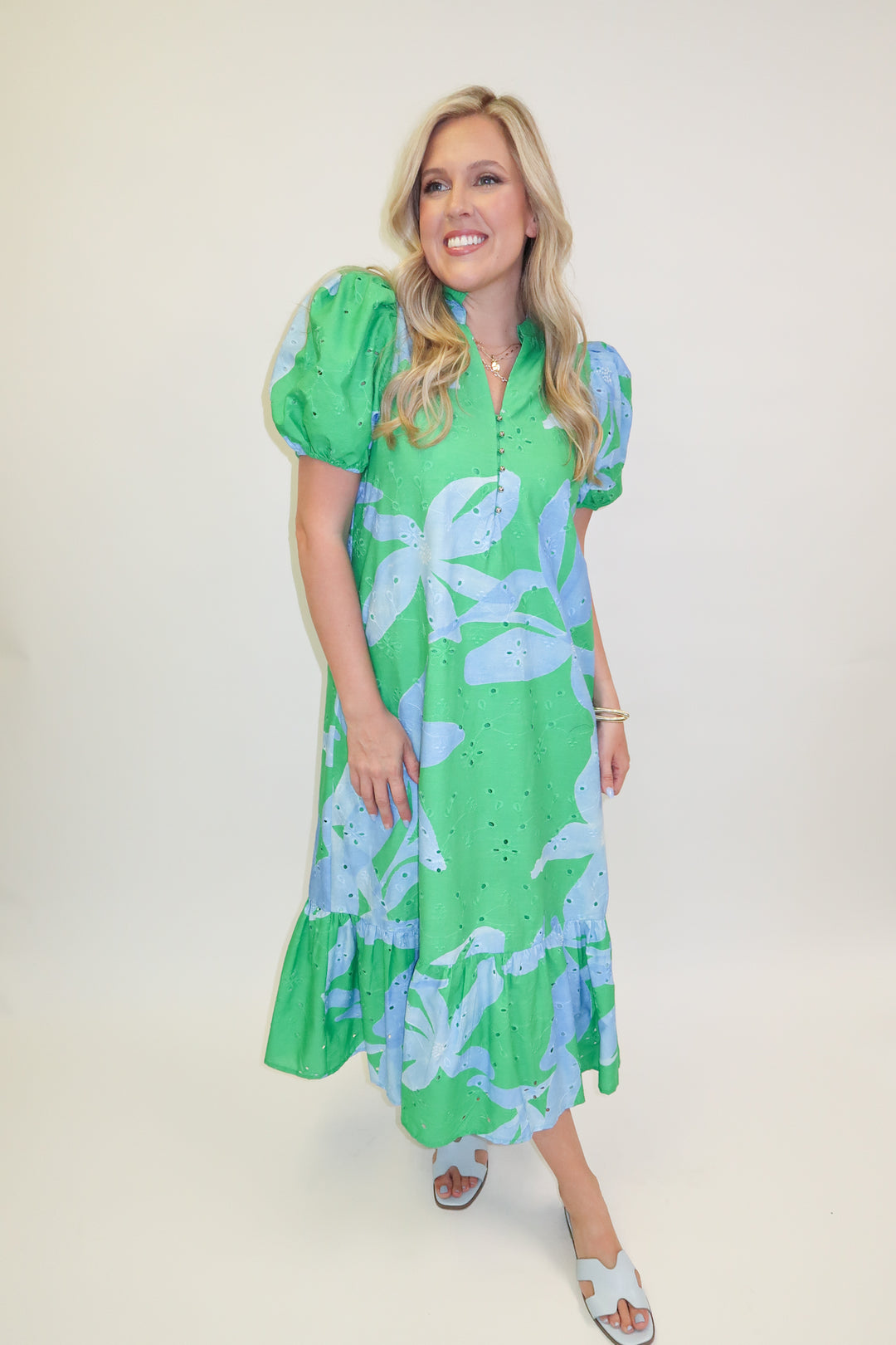 Green Light Floral Eyelet Ruffle Midi Dress