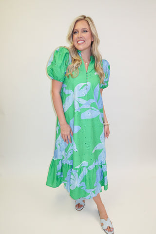 Green Light Floral Eyelet Ruffle Midi Dress - The Pink Tulip Clothing