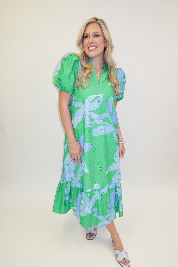 Green Light Floral Eyelet Ruffle Midi Dress