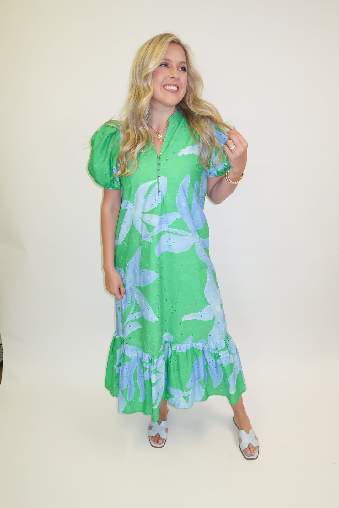 Green Light Floral Eyelet Ruffle Midi Dress