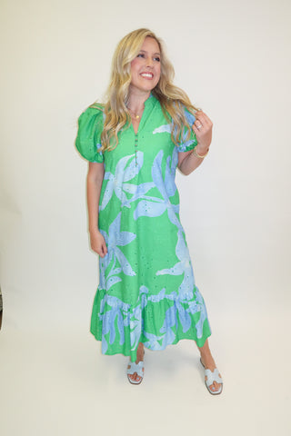 Green Light Floral Eyelet Ruffle Midi Dress - The Pink Tulip Clothing