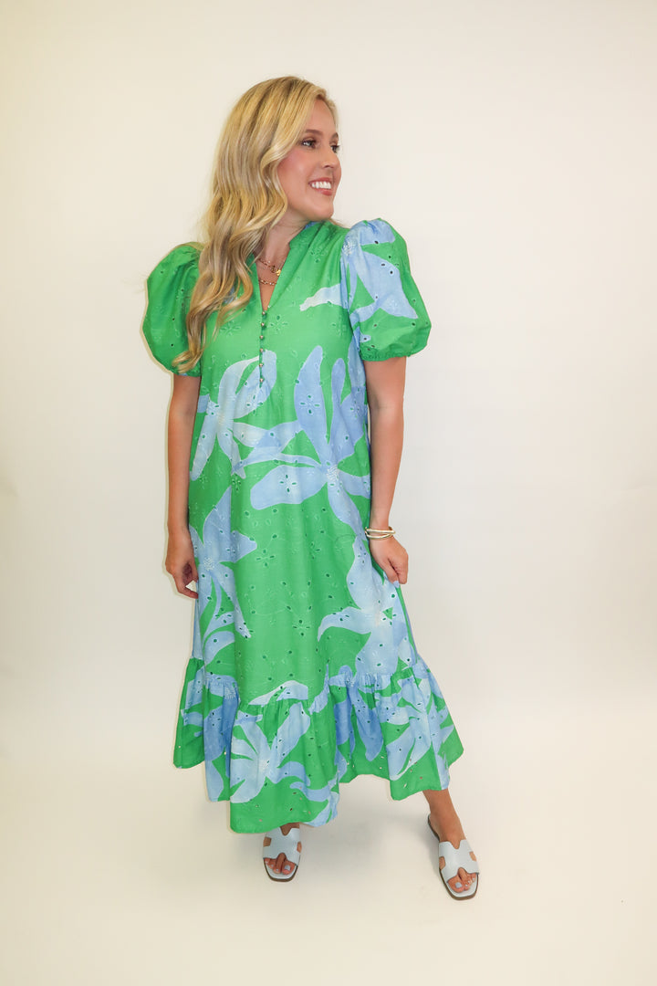 Green Light Floral Eyelet Ruffle Midi Dress