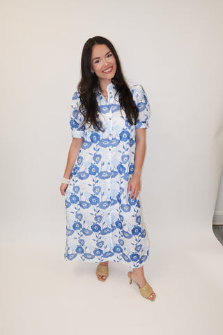 Blue Bloom Eyelet Floral Button Front Midi Dress - The Pink Tulip Clothing