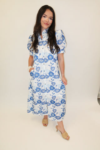 Blue Bloom Eyelet Floral Button Front Midi Dress - The Pink Tulip Clothing