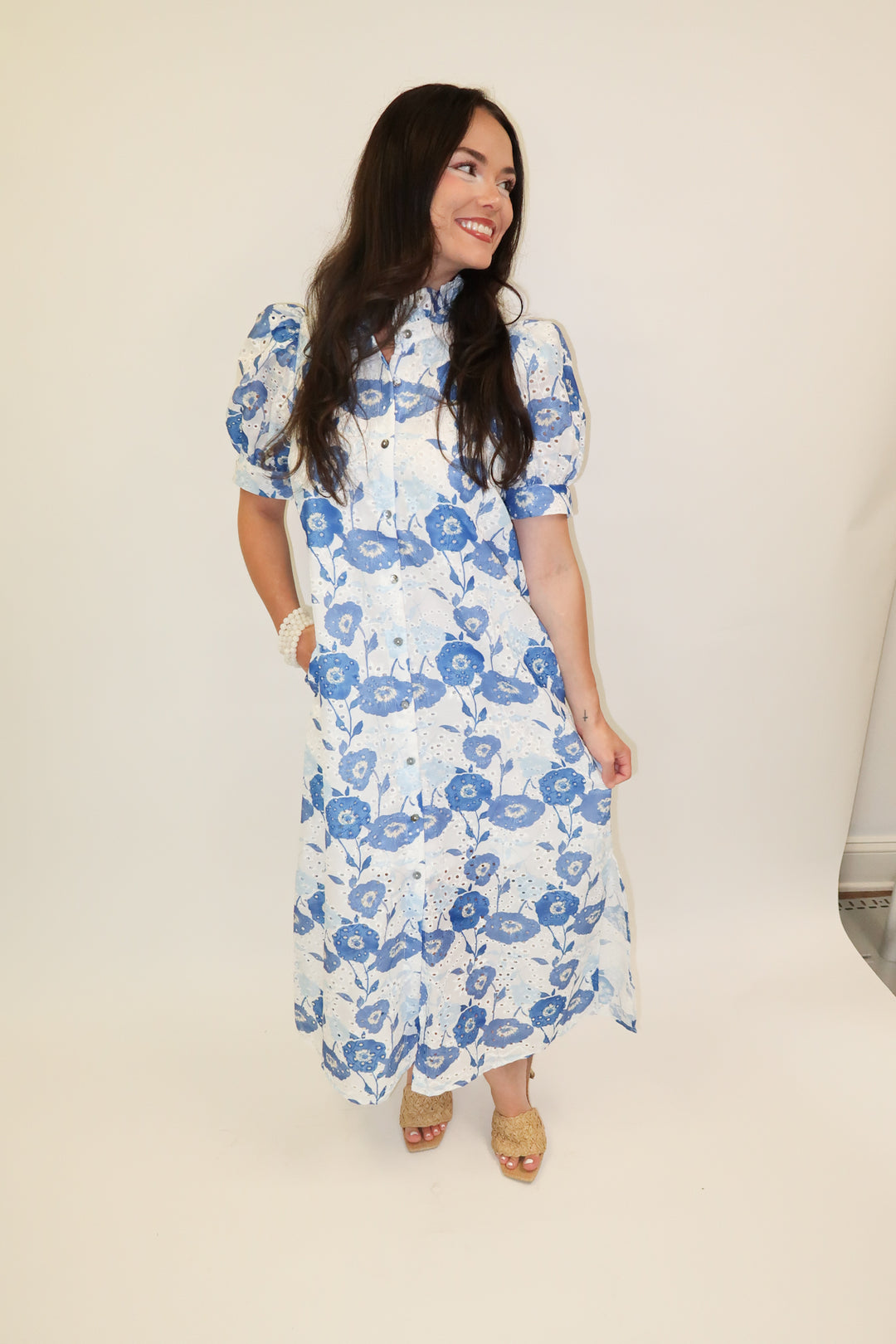 Blue Bloom Eyelet Floral Button Front Midi Dress