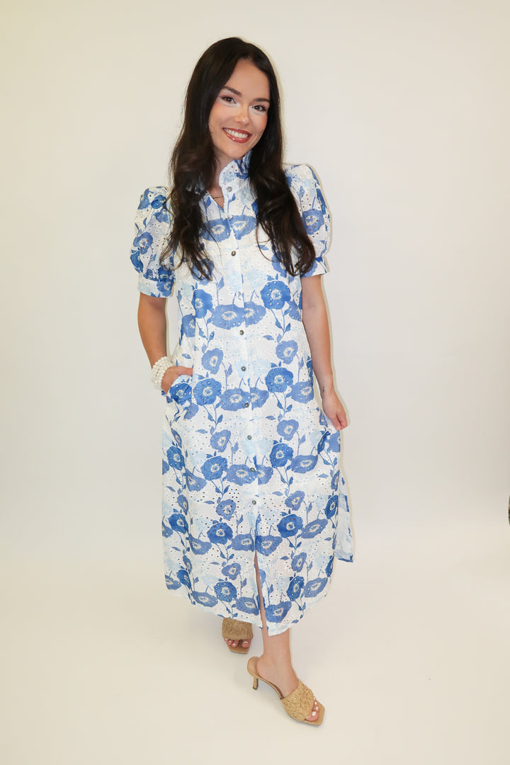 Blue Bloom Eyelet Floral Button Front Midi Dress