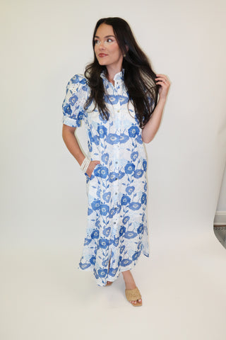 Blue Bloom Eyelet Floral Button Front Midi Dress - The Pink Tulip Clothing