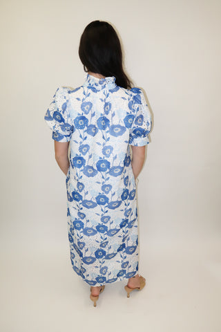 Blue Bloom Eyelet Floral Button Front Midi Dress - The Pink Tulip Clothing