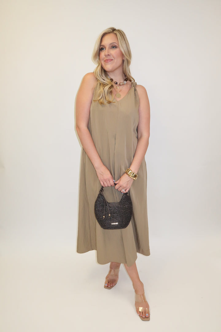Tied Right Pleated Knot Strap Midi Dress