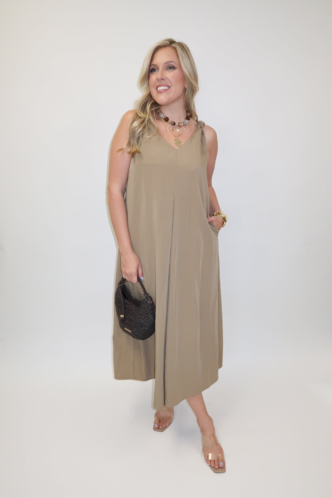 Tied Right Pleated Knot Strap Midi Dress