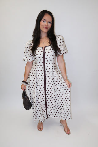 Spot the Moment Brown Polka Dot Puff Sleeve Midi Dress - The Pink Tulip Clothing