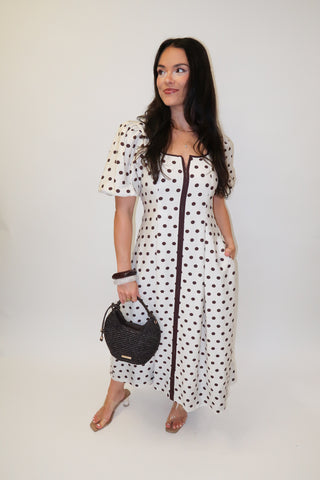 Spot the Moment Brown Polka Dot Puff Sleeve Midi Dress - The Pink Tulip Clothing