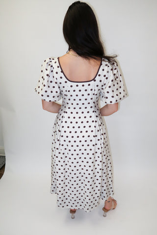 Spot the Moment Brown Polka Dot Puff Sleeve Midi Dress - The Pink Tulip Clothing