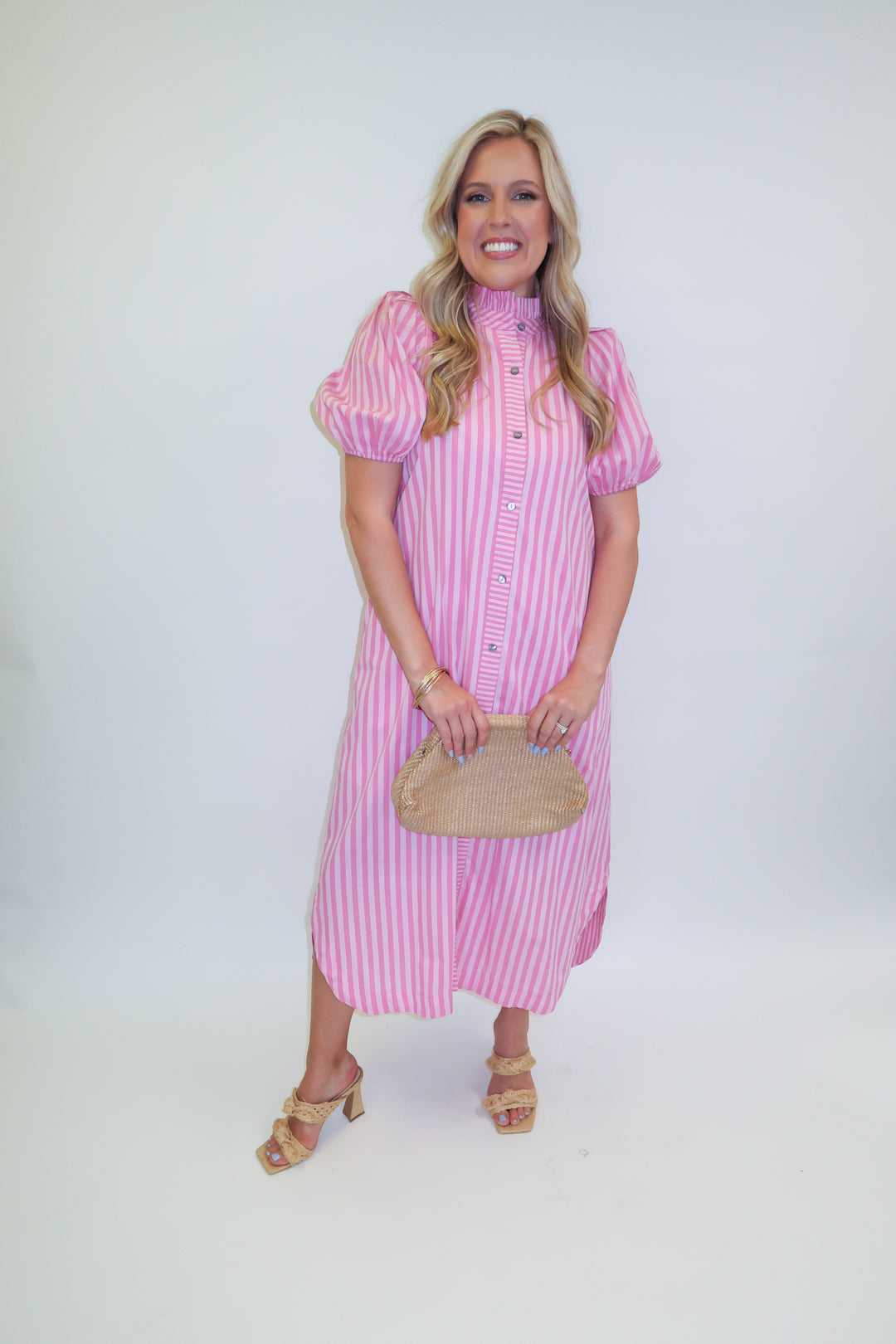 In Line Pink Tonal Stripe Collared Button Front Midi Dress