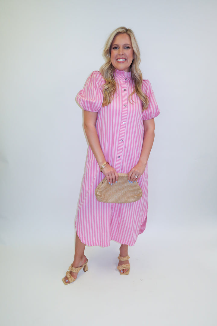 In Line Pink Tonal Stripe Collared Button Front Midi Dress