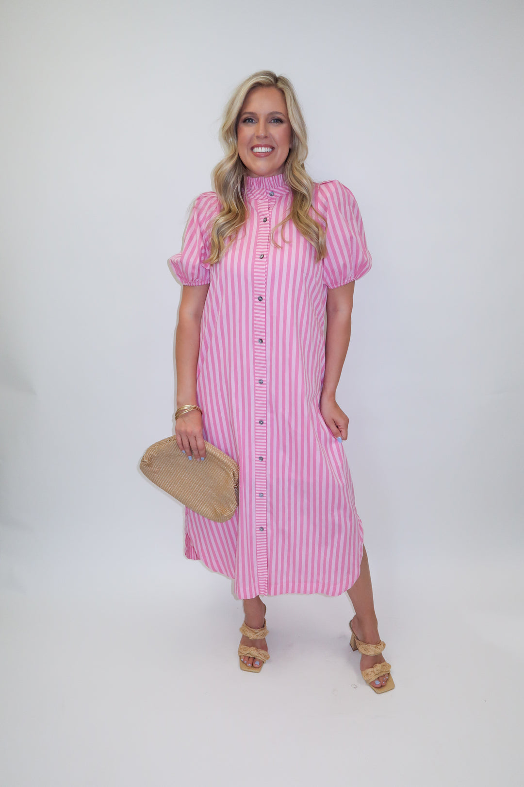 In Line Pink Tonal Stripe Collared Button Front Midi Dress