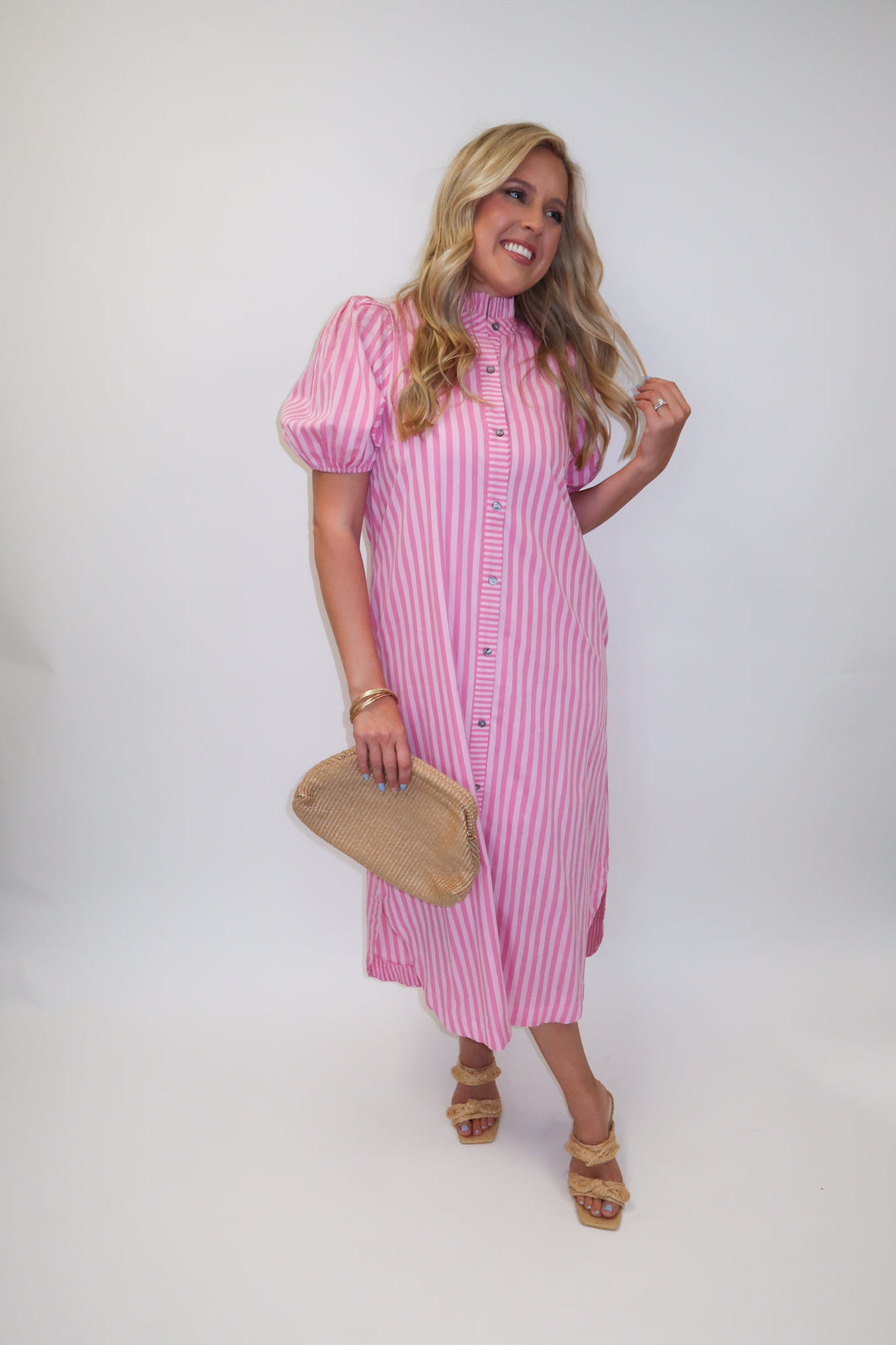 In Line Pink Tonal Stripe Collared Button Front Midi Dress