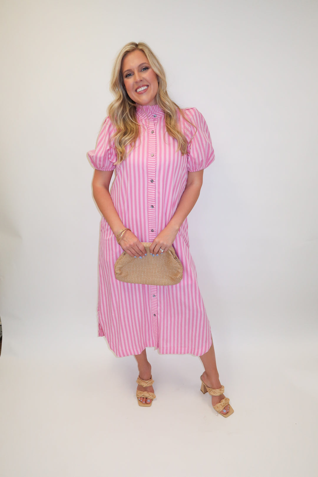 In Line Pink Tonal Stripe Collared Button Front Midi Dress