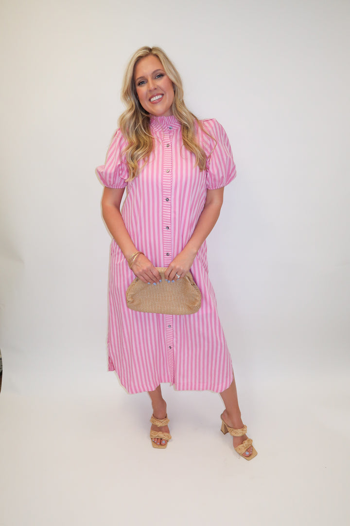 In Line Pink Tonal Stripe Collared Button Front Midi Dress