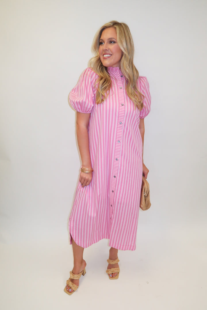 In Line Pink Tonal Stripe Collared Button Front Midi Dress