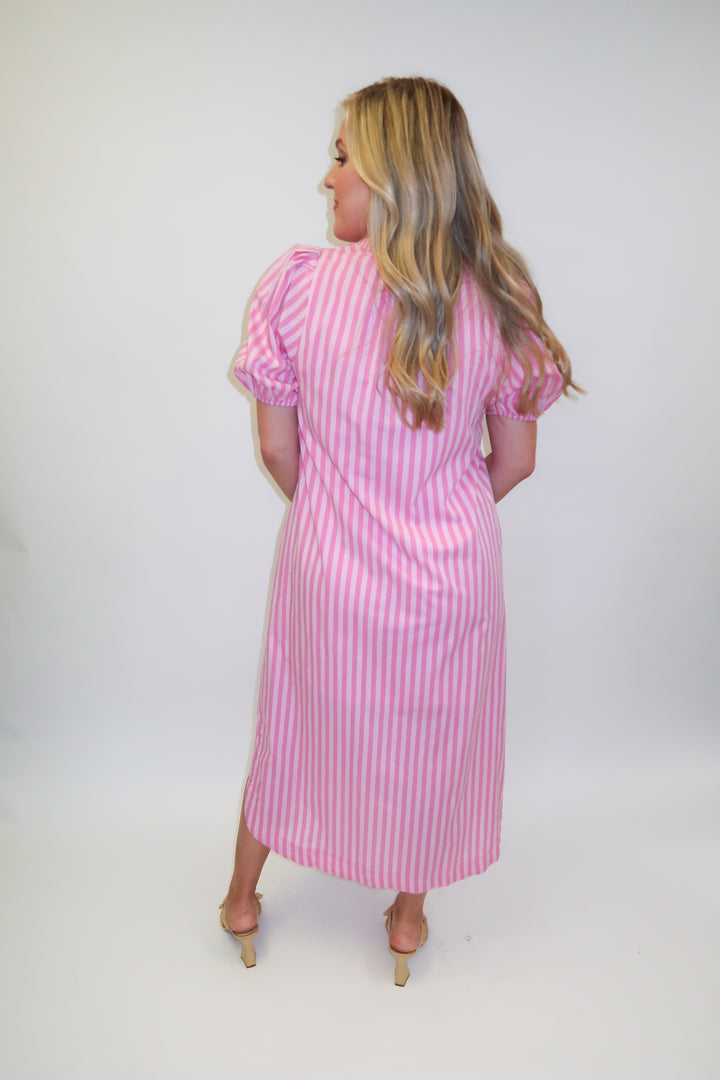 In Line Pink Tonal Stripe Collared Button Front Midi Dress