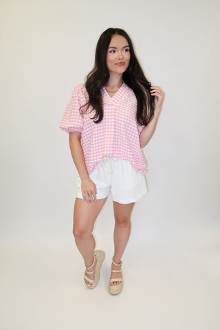 Sweet Check Gingham Collared V - Neck Top - The Pink Tulip Clothing