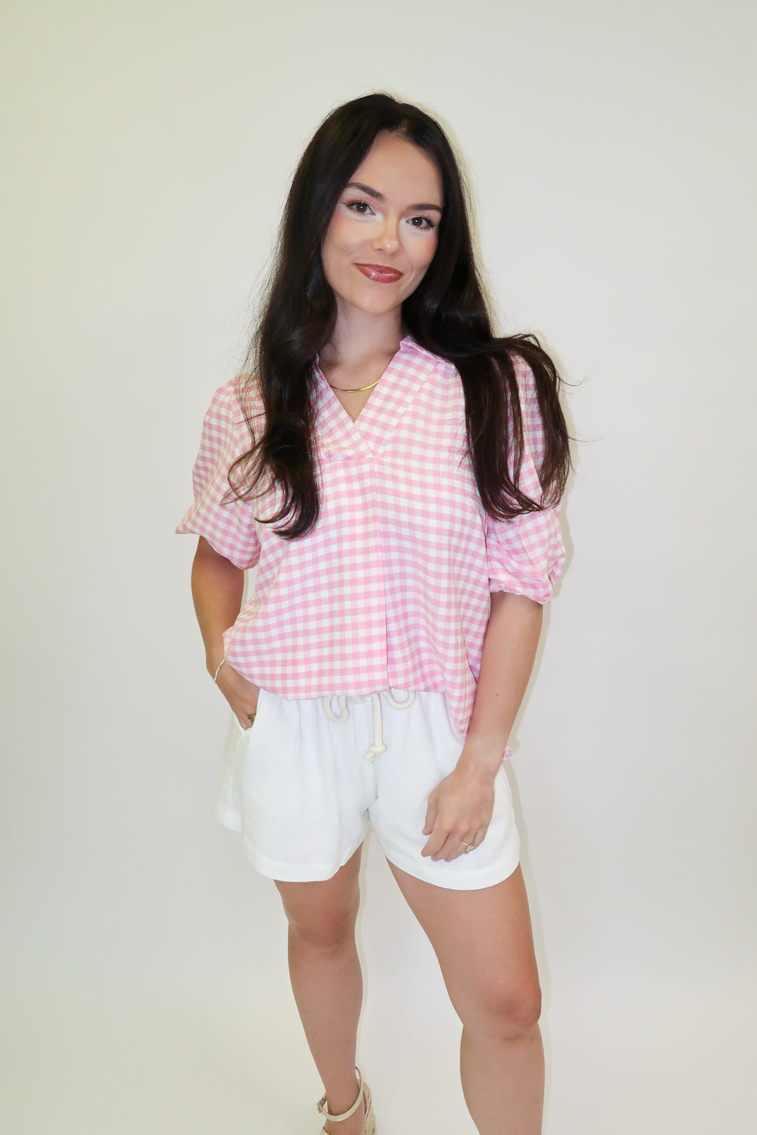 Sweet Check Gingham Collared V-Neck Top