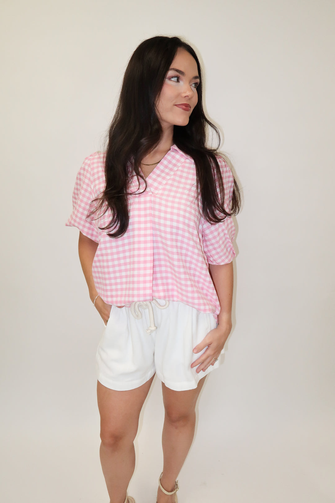 Sweet Check Gingham Collared V-Neck Top