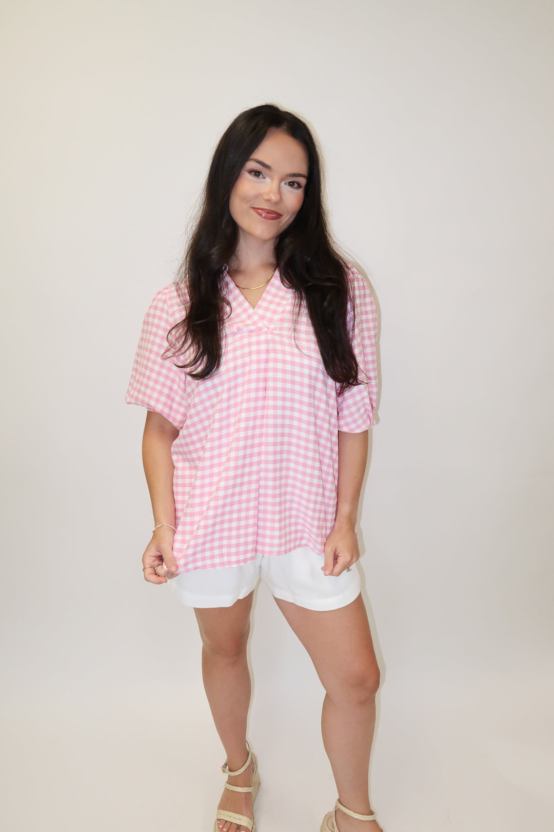Sweet Check Gingham Collared V-Neck Top