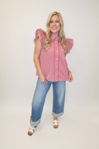 Cherry On Top Red Gingham Double Ruffle Blouse - The Pink Tulip Clothing