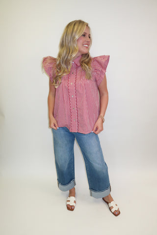 Cherry On Top Red Gingham Double Ruffle Blouse - The Pink Tulip Clothing