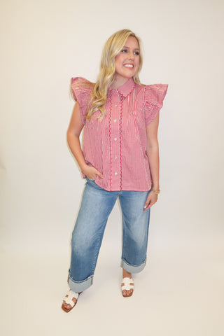 Cherry On Top Red Gingham Double Ruffle Blouse - The Pink Tulip Clothing