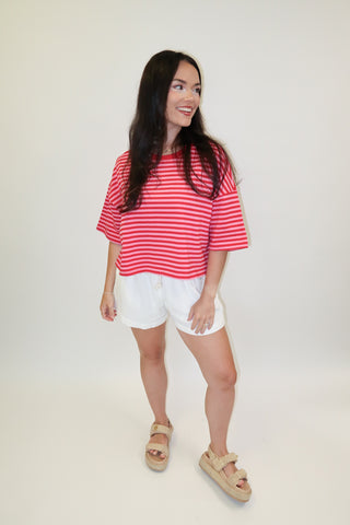 Boxed In Stripe Short Sleeve Knit Top - The Pink Tulip Clothing