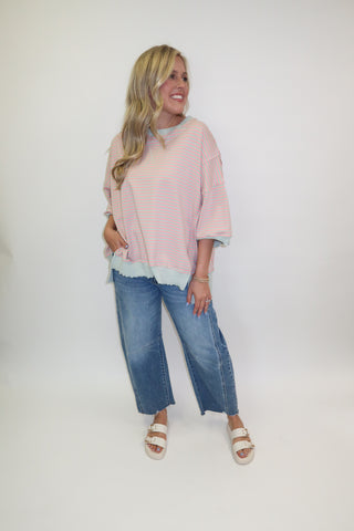 Soft Structure Stripe Trim Lightweight Sweatshirt - The Pink Tulip Clothing