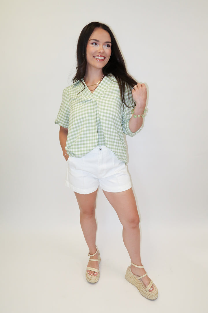 Sweet Check Gingham Collared V-Neck Top