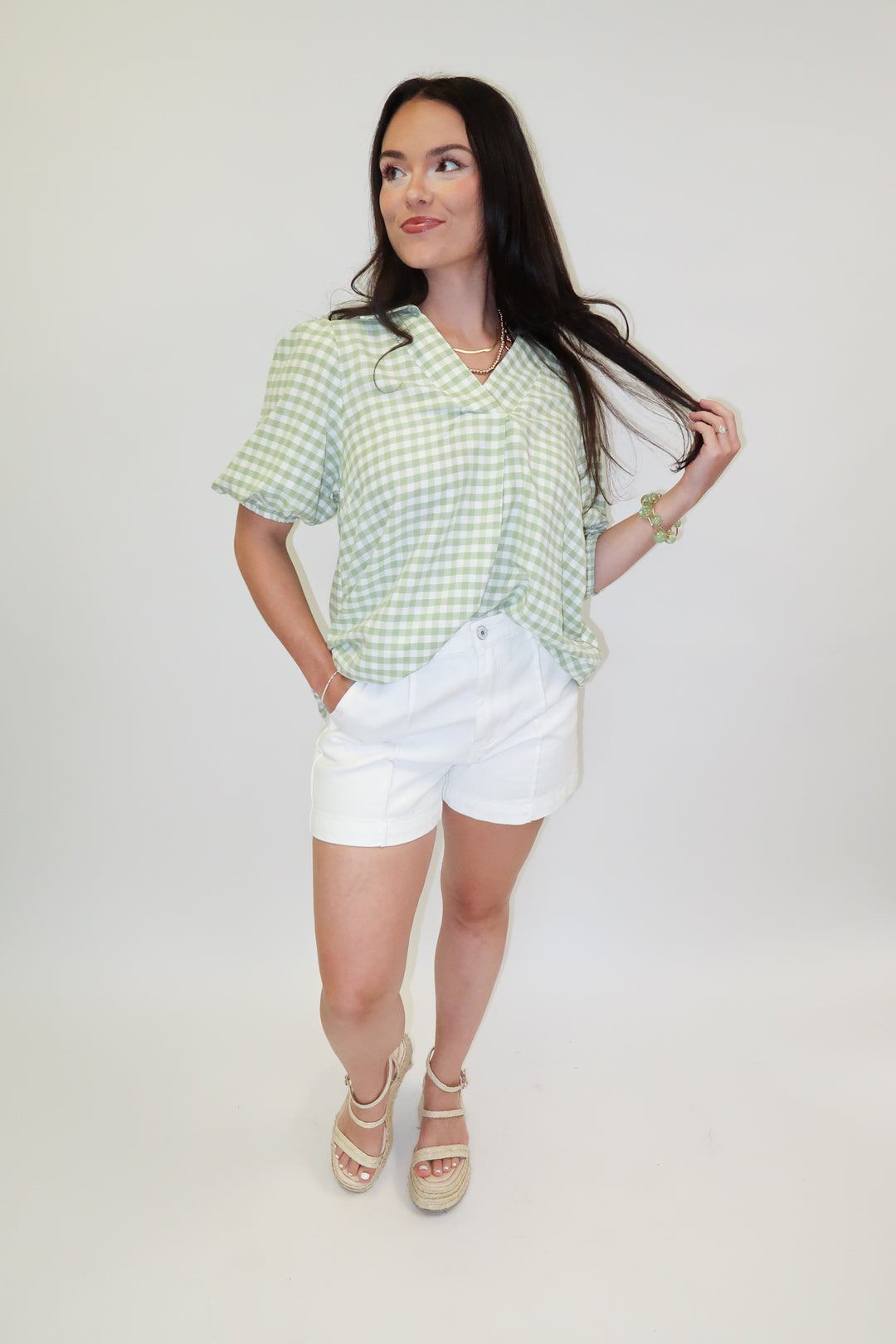 Sweet Check Gingham Collared V-Neck Top