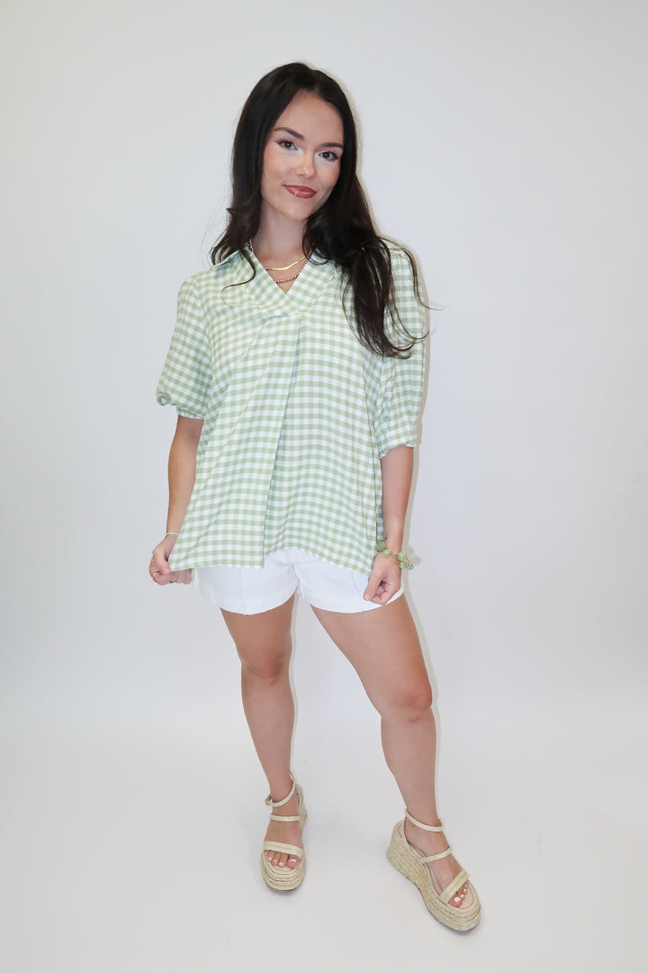 Sweet Check Gingham Collared V-Neck Top