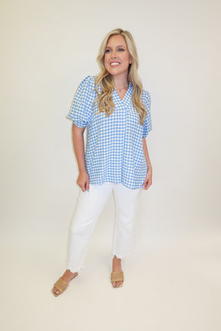 Sweet Check Gingham Collared V - Neck Top - The Pink Tulip Clothing