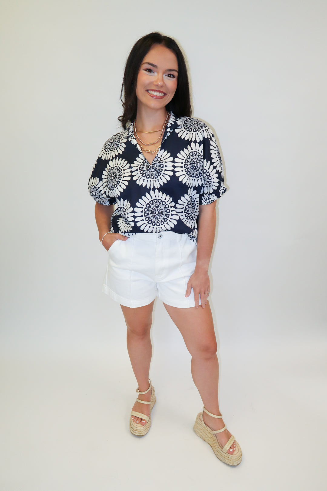 Bold Move Abstract Floral Stand Collar Blouse